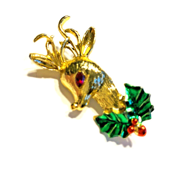 Vintage Christmas Reindeer Brooch Novelty Textured Goldtone Festive Holiday Pin - Picture 2 of 5